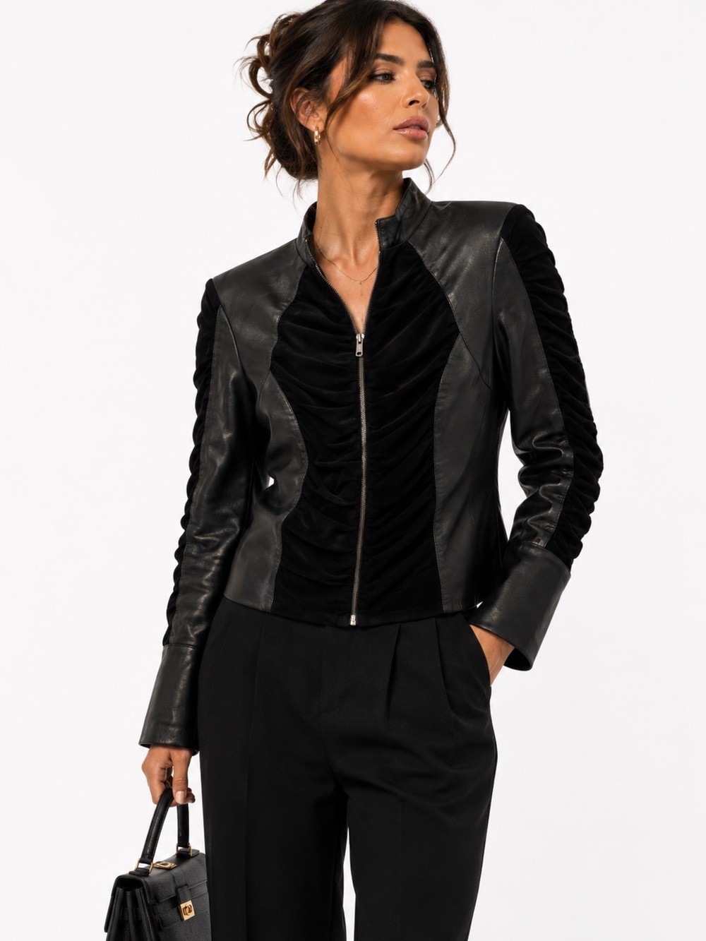 Cache Goat Suede Leather Ruched Sleeve Zip Jacket